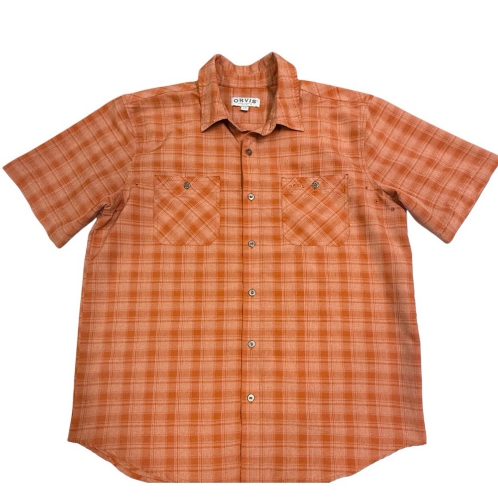 Orvis Men's Short Sleeve Tech Shirt Orange Plaid Quick Dry UPF 30+ NWOT L